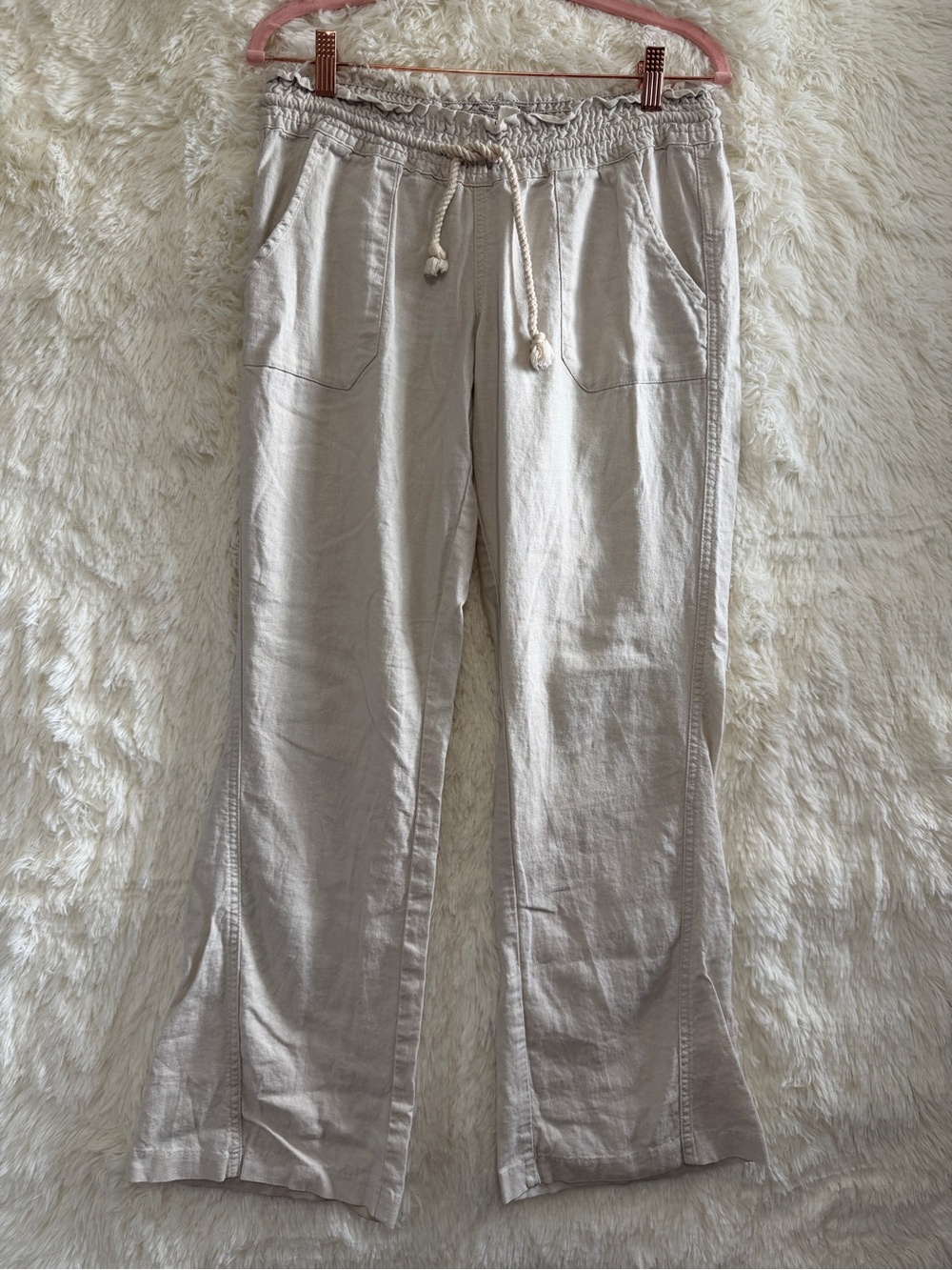 Roxy Womens Coastal Boho Linen Blend Flare Wide Leg Pants M Beige Drawstring